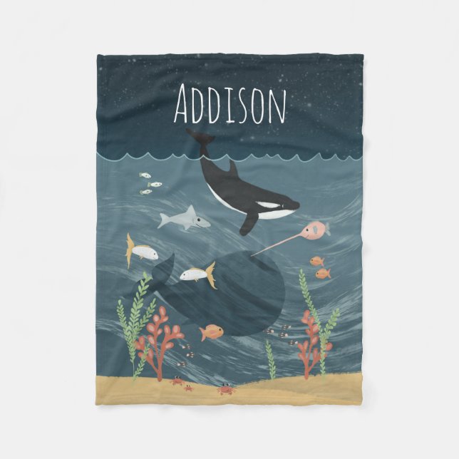 Cute Sea och Whimsical Night Ocean Orca Kids Fleecefilt (Framsidan)