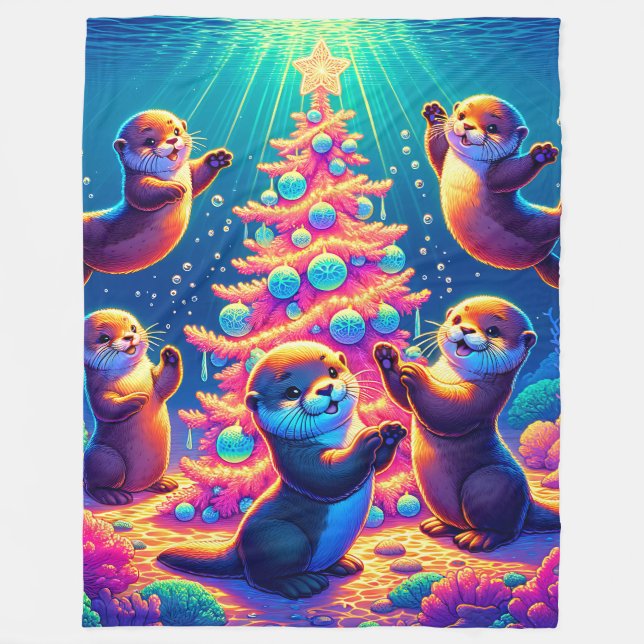 "Cute Sea Otters Decororation Julgran" Fleecefilt (Framsidan)