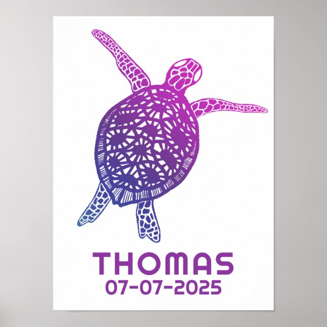 Cute Sea Turtle ANPASSNINGSBAR BABY NAMN BIRTHDAY  Poster (Framsidan)