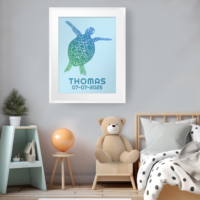 Cute Sea Turtle ANPASSNINGSBAR BABY NAMN BIRTHDAY  Poster (Cute Sea Turtle CUSTOM BABY NAME BIRTHDAY Art Poster
Green Blue)