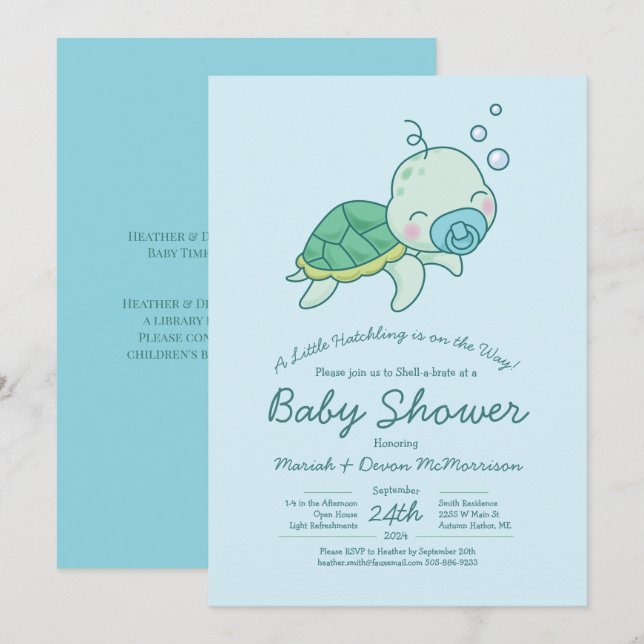 Cute Sea Turtle Baby Shower Kawaii Blue Boy Inbjudningar (Fram/baksida)