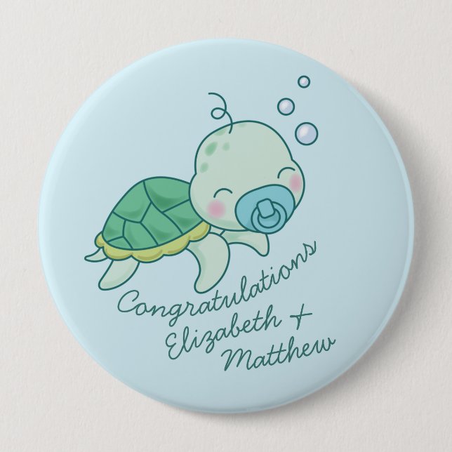 Cute Sea Turtle Baby Shower Kawaii Blue Boy Knapp (Framsida)
