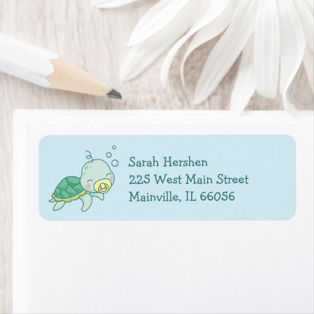 Cute Sea Turtle Baby Shower Kawaii Returadress Etikett (Insitu)