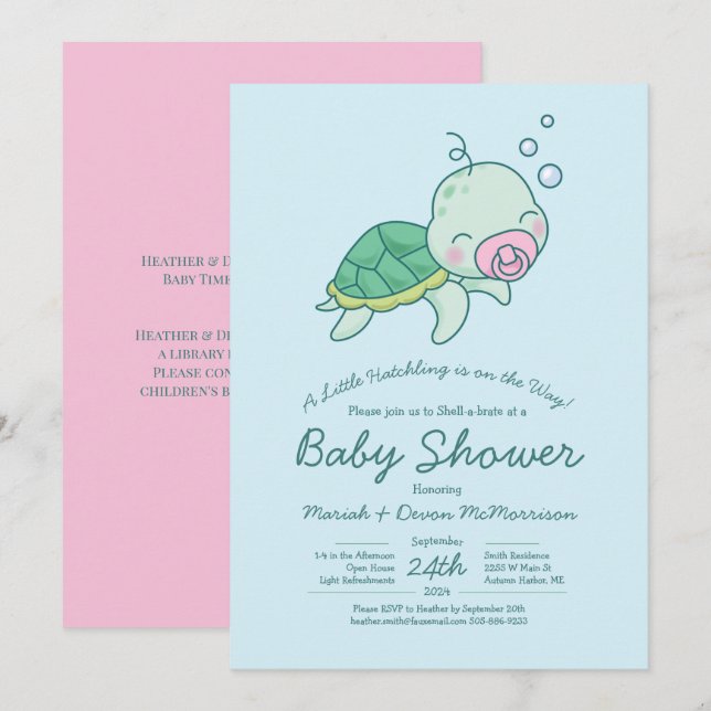 Cute Sea Turtle Baby Shower Kawaii Rosa Girl Girl  Inbjudningar (Fram/baksida)