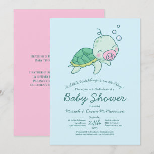 Cute Sea Turtle Baby Shower Kawaii Rosa Girl Girl Inbjudningar