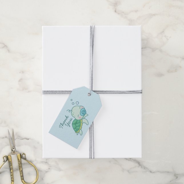 Cute Sea Turtle Baby Shower Kawaii Tack Blue Boy Presentetikett (Med Snöre)