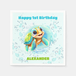 Cute Sea Turtle Boy 1st Birthday Napkins Pappersservett