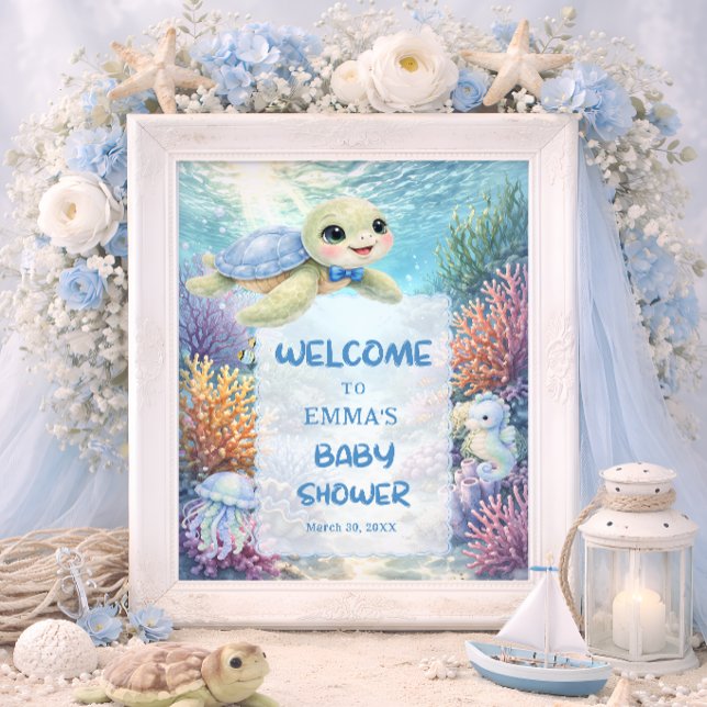 Cute Sea Turtle Boy Baby Shower Welcome Poster (Skapare uppladdad)
