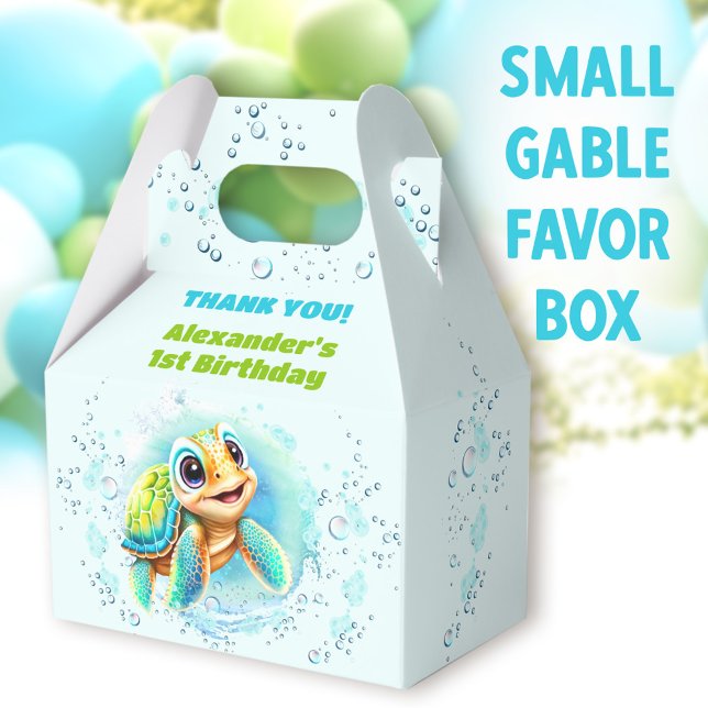 Cute Sea Turtle Boy Bassäng Party 1:a födelsedag Presentaskar (Cute Turtle Small Gable Favor Boxes - You can choose from 3 sizes of these gable favor boxes)