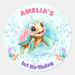 Cute Sea Turtle Colorful Girl 1:a Birthday Sticker Runt Klistermärke