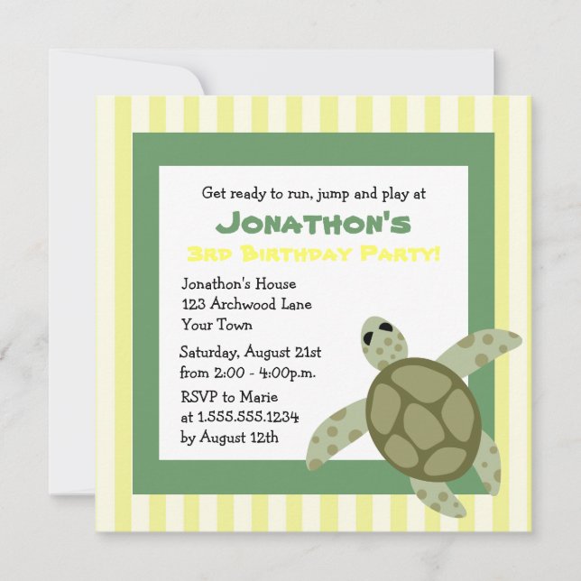 Cute Sea Turtle Födelsedagsfest Inbjudan Grönt Gul (Framsida)