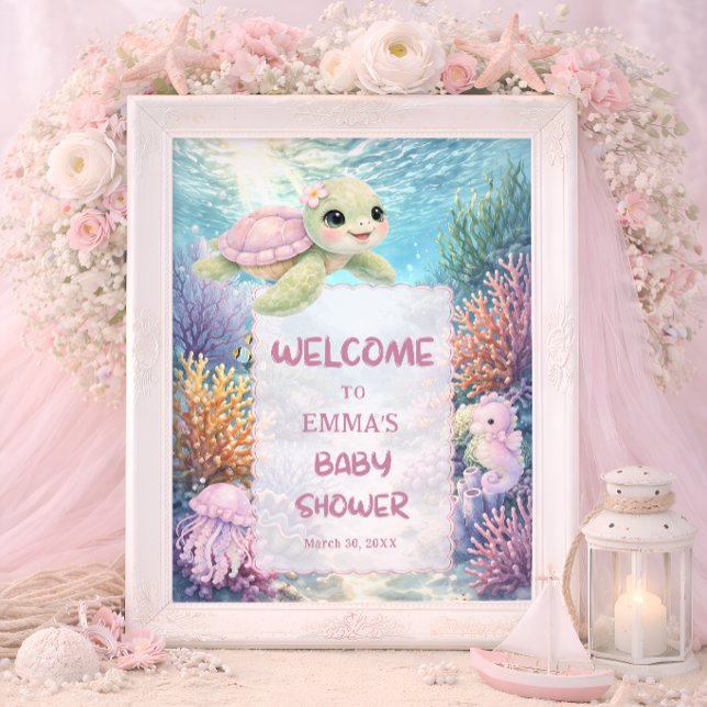 Cute Sea Turtle Girl Baby Shower Welcome Poster (Skapare uppladdad)