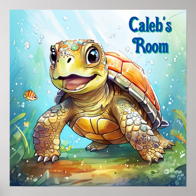 Cute Sea Turtle in the Ocean Cartoon Personalized Poster (Framsidan)
