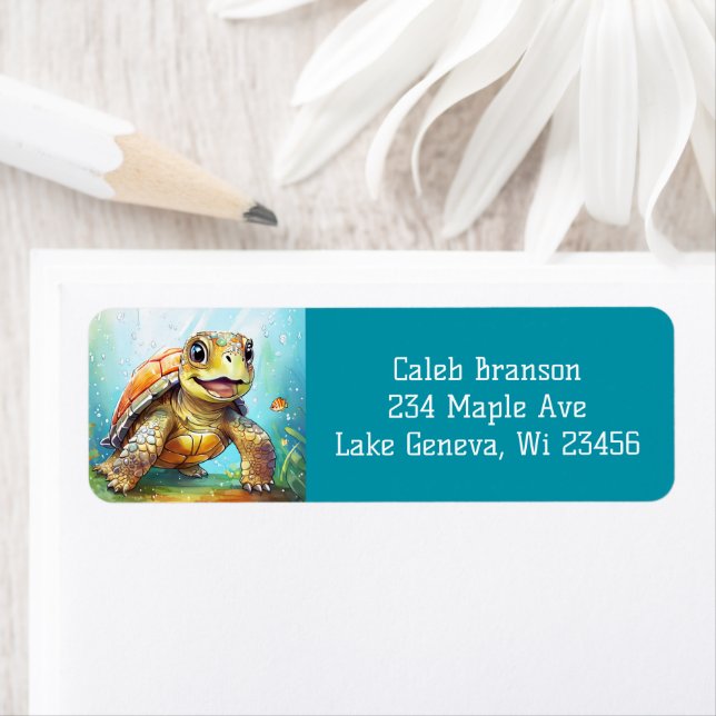 Cute Sea Turtle in the Ocean Cartoon Returadress Etikett (Insitu)
