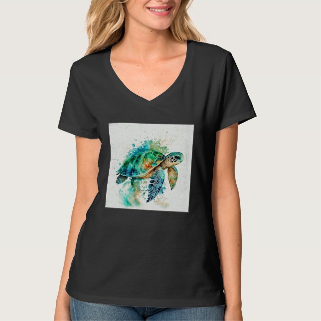 Cute Sea Turtle Paint Splatter Illustration Colorf T Shirt (Framsida)