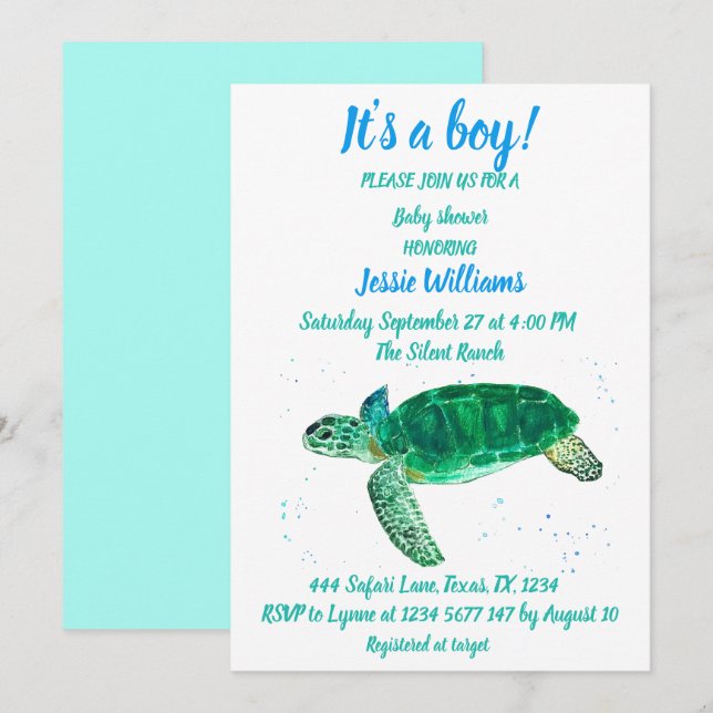 Cute Sea Turtle under Sea Ocean Blue Pojke Inbjudningar (Fram/baksida)