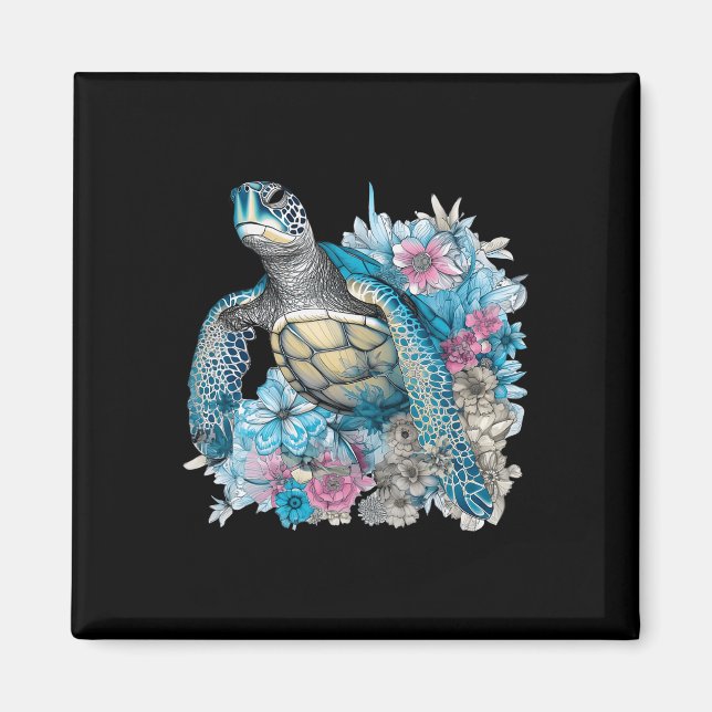 Cute Sea Turtle Wildblommor Animal Lover Tortoise Magnet (Framsidan)
