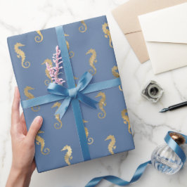 Cute Seahorse Blue Guld Sjöjungfru Temaparty Gips Presentpapper