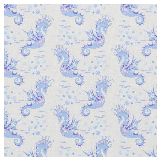 Cute Seahorse Blue White Lila Mönster Tyg (Närbild)