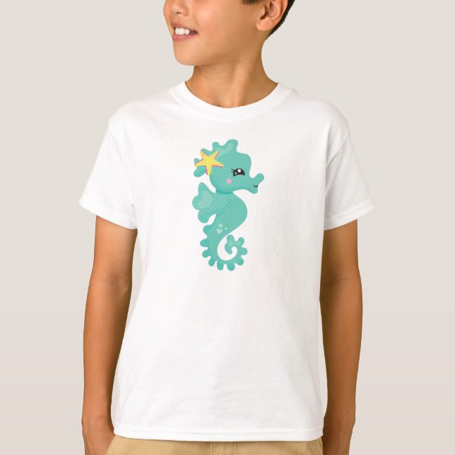 Cute Seahorse, Grönt Seahorse, Starfish, Hjärter T Shirt (Framsida)