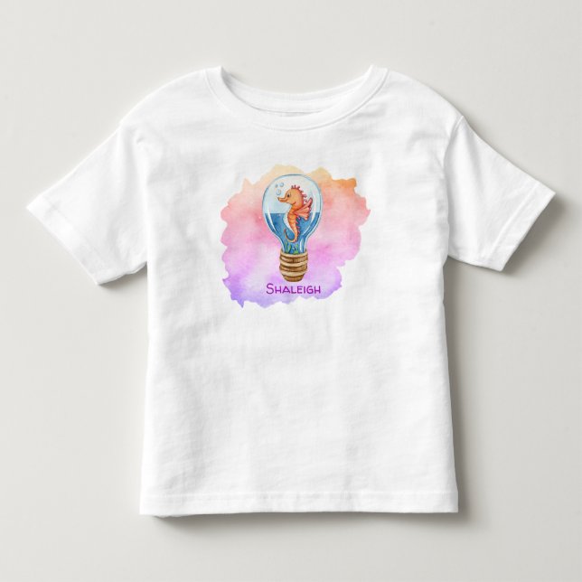 Cute Seahorse in Lightbulb - Watercolor Background T Shirt (Framsida)