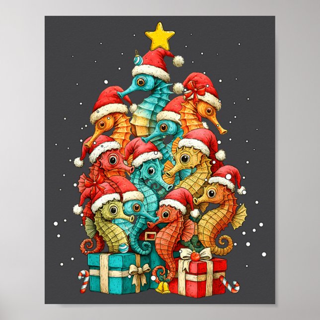 Cute Seahorse Le Sea Fish Christmas Tree Xmas Hat  Poster (Framsidan)