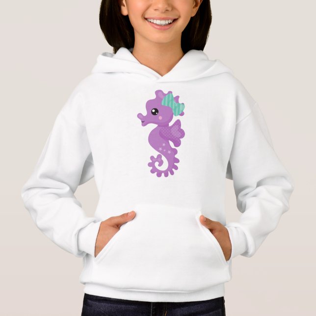 Cute Seahorse, Lila Seahorse, Ribbon, Stars T Shirt (Framsida)