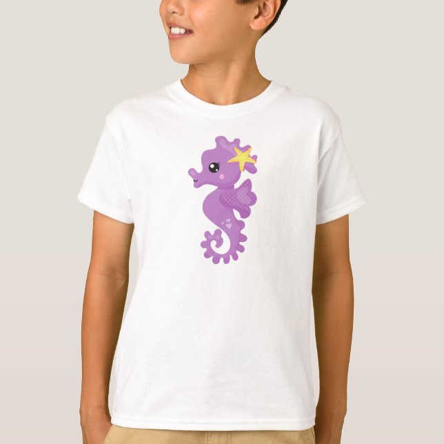 Cute Seahorse, Lila Seahorse, Starfish, Hjärter T Shirt (Framsida)
