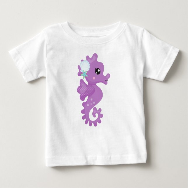 Cute Seahorse, Lila Seahorse, Starfish, Seashell T Shirt (Framsida)