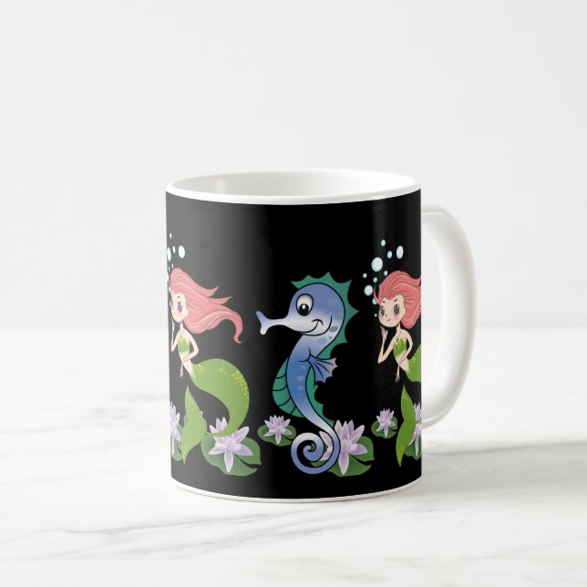 Cute Seahorse & Little Sjöjungfru Swimming Togethe Kaffemugg (Framsida höger)