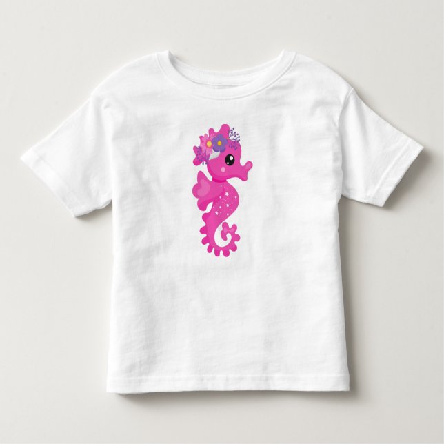 Cute Seahorse, Rosa Seahorse, Flowers, Seashell T Shirt (Framsida)