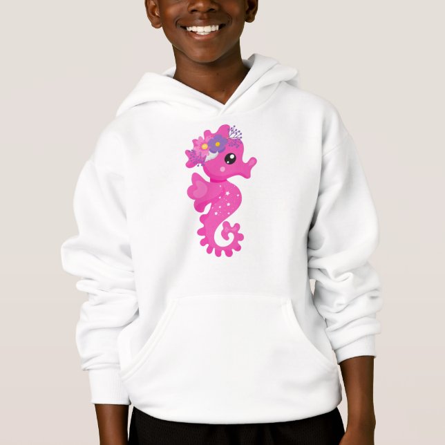 Cute Seahorse, Rosa Seahorse, Flowers, Seashell T Shirt (Framsida)