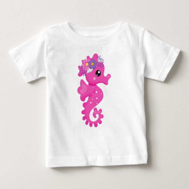 Cute Seahorse, Rosa Seahorse, Flowers, Seashell T Shirt (Framsida)