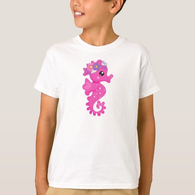 Cute Seahorse, Rosa Seahorse, Flowers, Seashell T Shirt (Framsida)
