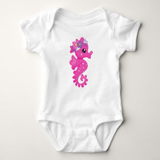 Cute Seahorse, Rosa Seahorse, Flowers, Seashell T Shirt (Framsida)