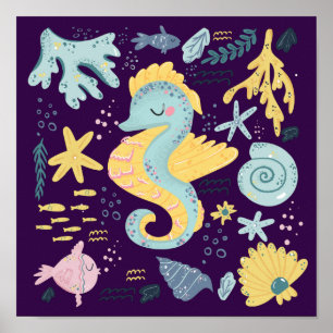 Cute Seahorse Underwater Doodle Poster
