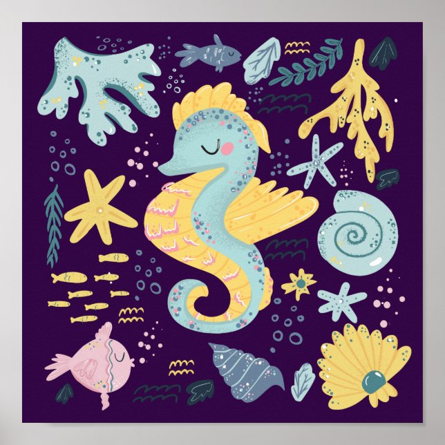 Cute Seahorse Underwater Doodle Poster (Framsidan)