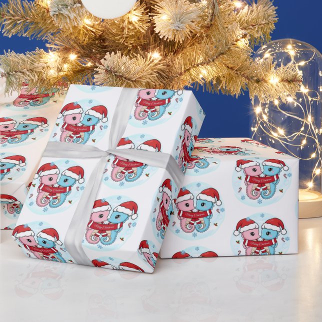 Cute Seahorses Christmas Wrapping Paper Presentpapper (Helgdagar)