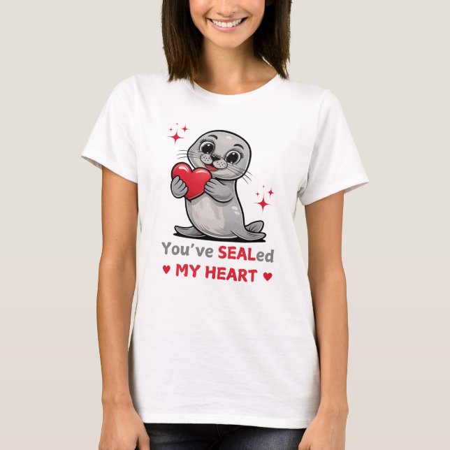 Cute Seal Du har förseglat mitt hjärta Valentines  T Shirt (Framsida)