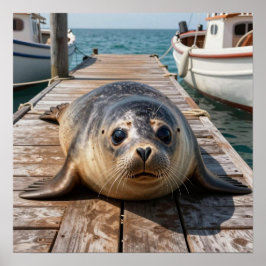 Cute Seal Laying on Boat Dock Ocean Pier Poster