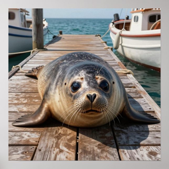 Cute Seal Laying on Boat Dock Ocean Pier Poster (Framsidan)