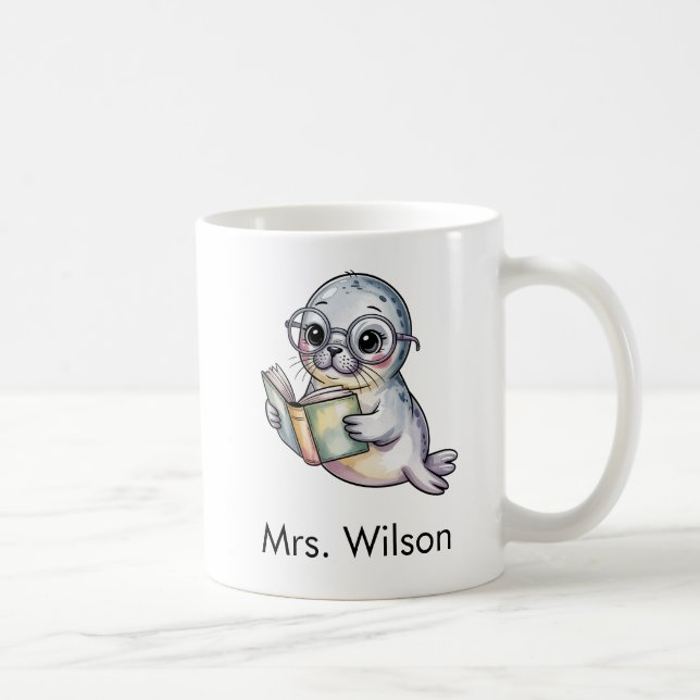 Cute Seal Reading Book Custom Kaffemugg (Höger)