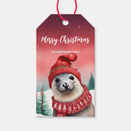 Cute Seal Sea lejon jul jul, ungar i party Snö Presentetikett