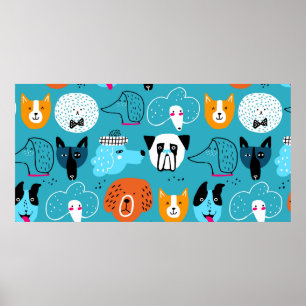 Cute seamless mönster med roliga hundar på blå bas poster