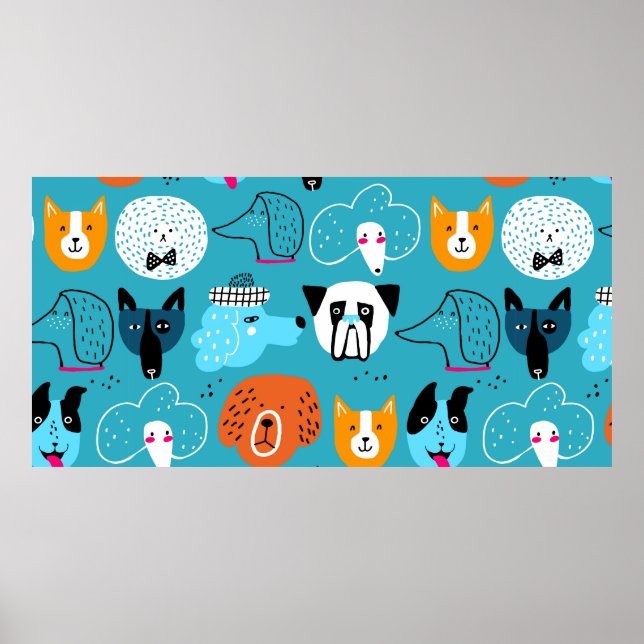 Cute seamless mönster med roliga hundar på blå bas poster (Framsidan)