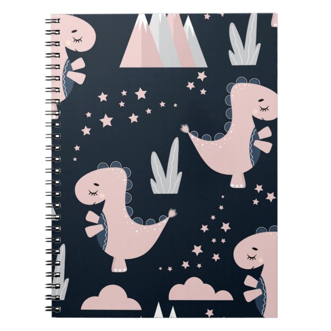 Cute seamless mönster med rosa dinosaurs på en dar anteckningsbok (Framsidan)
