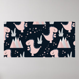 Cute seamless mönster med rosa dinosaurs på en dar poster