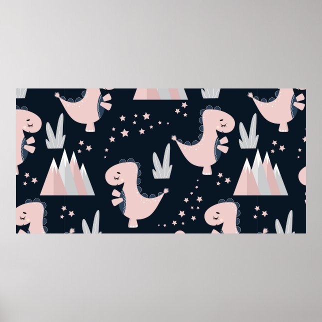 Cute seamless mönster med rosa dinosaurs på en dar poster (Framsidan)