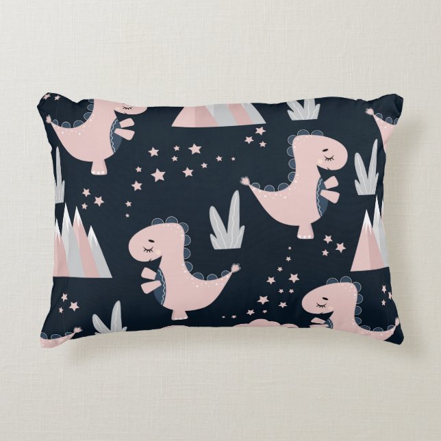 Cute seamless mönster med rosa dinosaurs på en dar prydnadskudde (Framsidan)