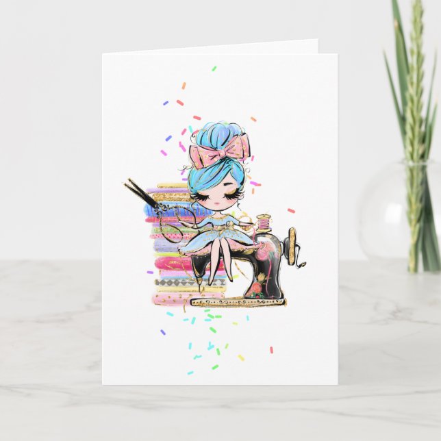Cute Seamstress Dressmaker Tecknad Add Namn Kort (Framsida)
